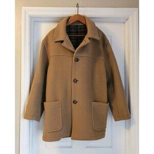 Orvis Vintage 90s Wool Tan Car Pea Coat England Mens Sz 42 Tartan Plaid Lined
